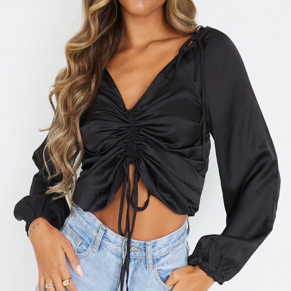 Pretty Little Thing Black Satin Ruched Tie Blouse